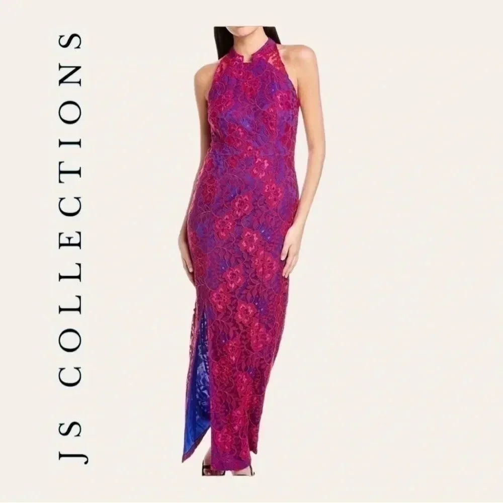 321. JS COLLECTION FORMAL DRESS ROYAL BLUE AND HOT FUSHIA SIZE 6 HIGH NECK‎